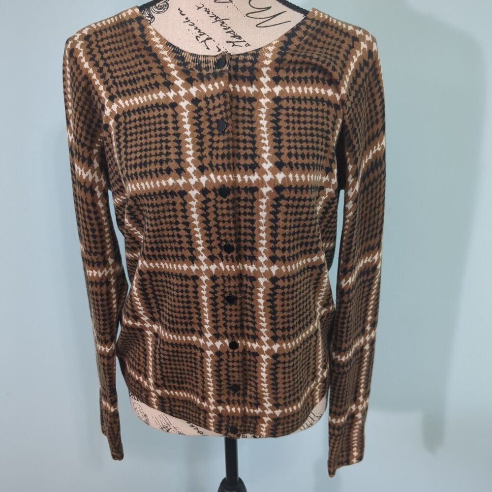 Talbots Pure Italian Merino Wool Brown Houndstooth Cardigan large